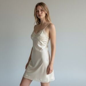 Vanity Fair Vtg Dress Slip‎ 36 Ivory Nightgown Lingerie Dainty Lace Coquette